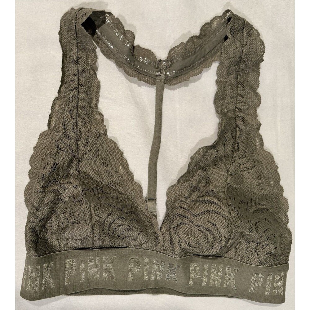 NEW PINK Halter Lace Bra Army Green XS Y2K Adjustable Strap Elastic Band Logo VS